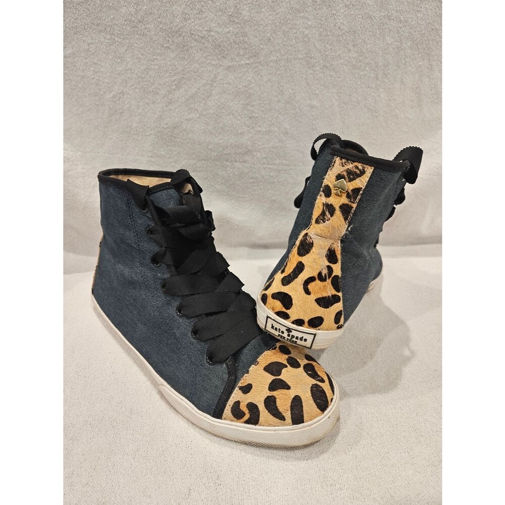 Kate Spade Linus Denim & Animal Print Calf Hair High Top Sneakers womens size 9